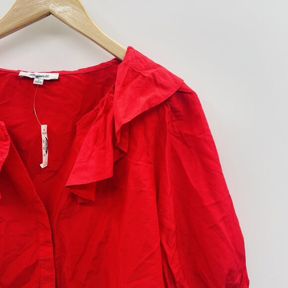 Madewell Womens Size Large Ruffled Y-Neck Top in Cotton-Silk in Festival Red 349 - Picture 3 of 9